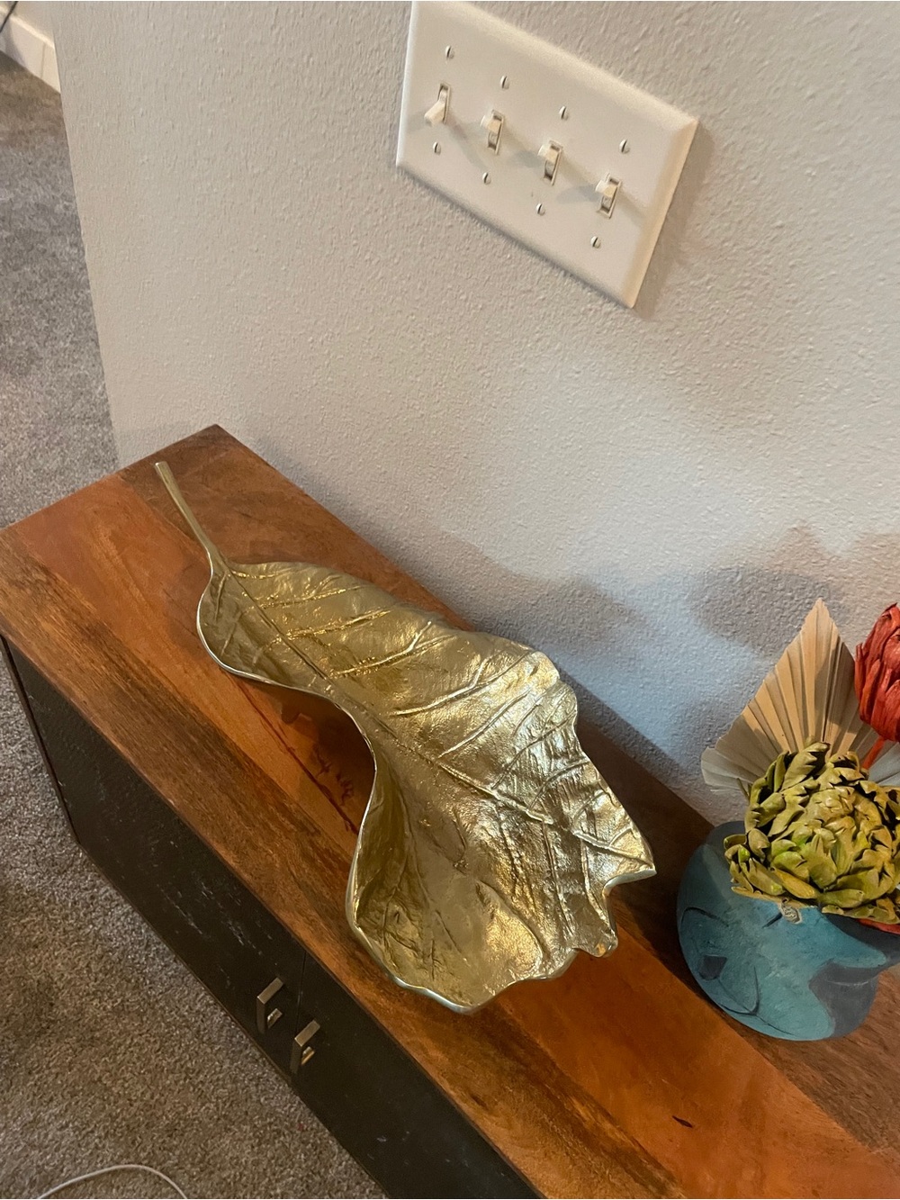HUGE Footed Gold Leaf Shape Decorative Tray, Centerpiece, botanical, MCM style